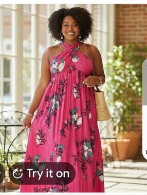 Wonderly Hot Pink Floral Halter Maxi Dress.  Size Small